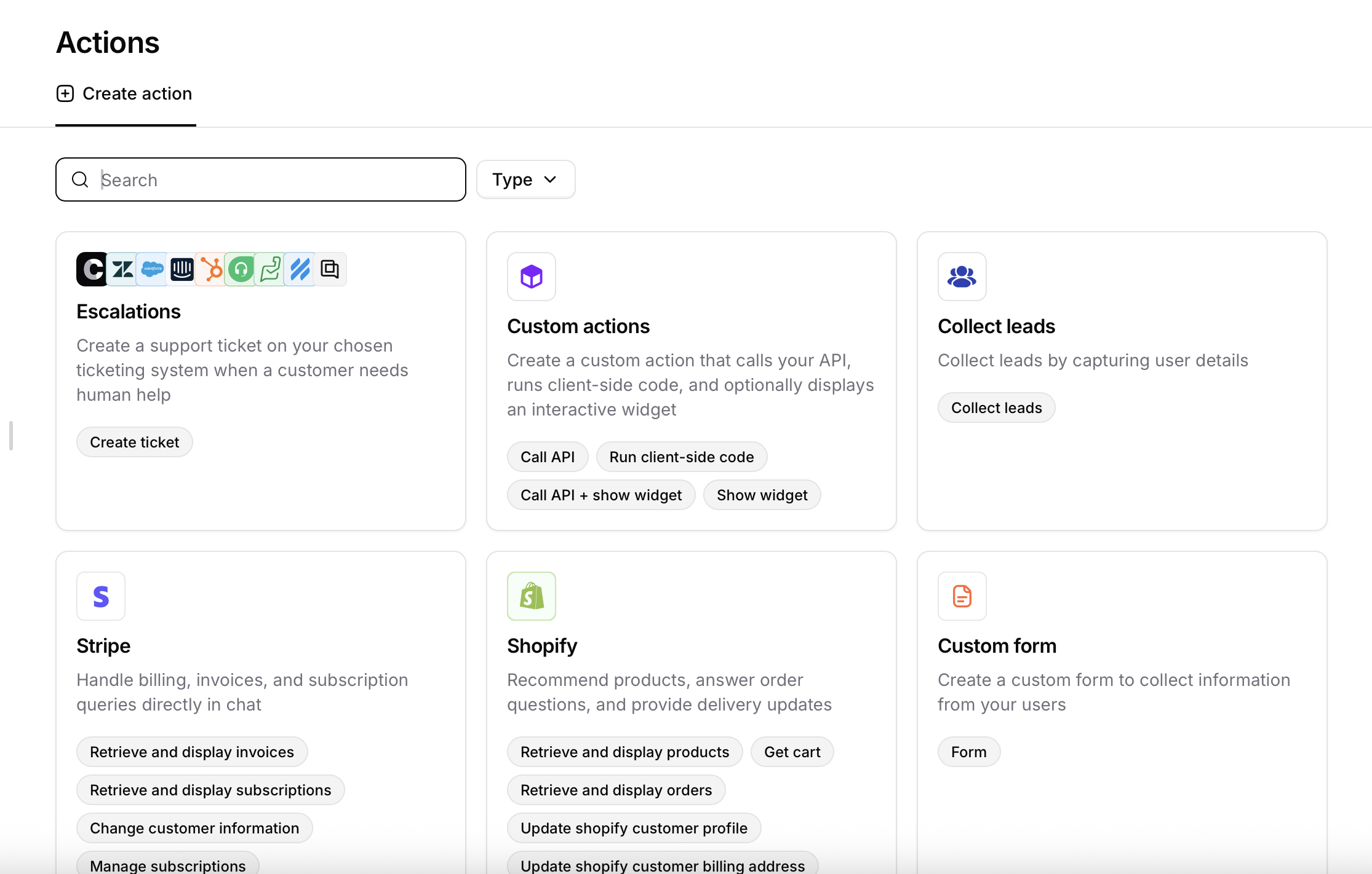 The Actions page today: Escalations, Custom actions, Collect leads, Stripe, Shopify, and Custom form. No MCP option.